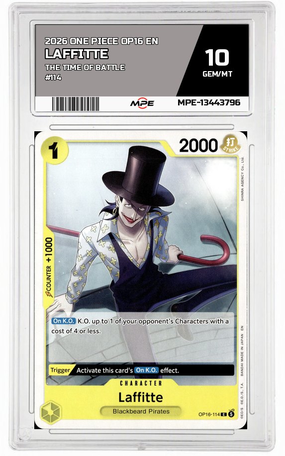 2026 ONE PIECE OP16 EN The Time of Battle #114 LAFFITTE MPE 10 GEM/MT — graded card auctioned from the MPE vault