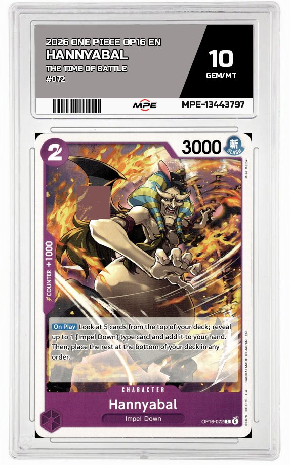 2026 ONE PIECE OP16 EN The Time of Battle #072 HANNYABAL MPE 10 GEM/MT — graded card auctioned from the MPE vault