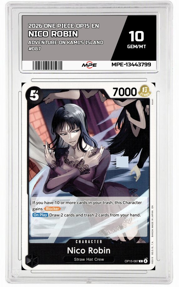 2026 ONE PIECE OP15 EN Adventure on Kami's Island #087 NICO ROBIN MPE 10 GEM/MT — graded card auctioned from the MPE vault
