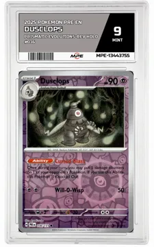 2025 POKEMON PRE EN Prismatic Evolutions-REV HOLO #036 DUSCLOPS MPE 9 MINT — graded card up for auction