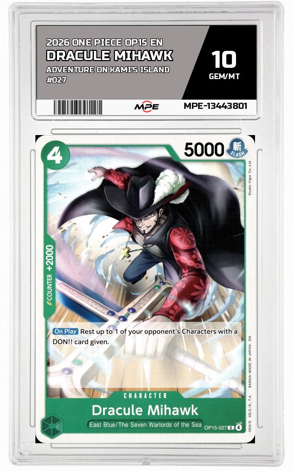 2026 ONE PIECE OP15 EN Adventure on Kami's Island #027 DRACULE MIHAWK MPE 10 GEM/MT — graded card auctioned from the MPE vault