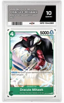 2026 ONE PIECE OP15 EN Adventure on Kami's Island #027 DRACULE MIHAWK MPE 10 GEM/MT — graded card up for auction