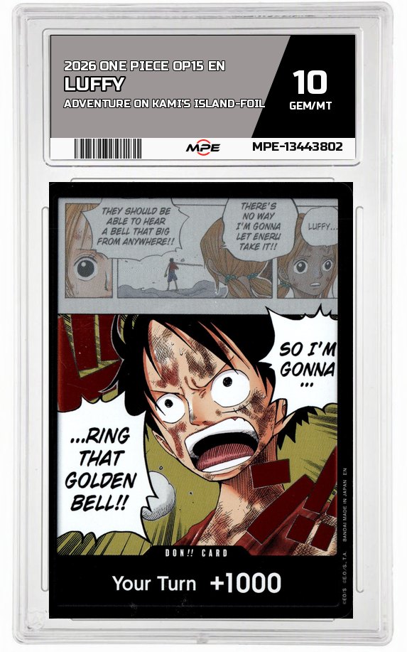 2026 ONE PIECE OP15 EN Adventure on Kami's Island-Foil LUFFY MPE 10 GEM/MT — graded card auctioned from the MPE vault