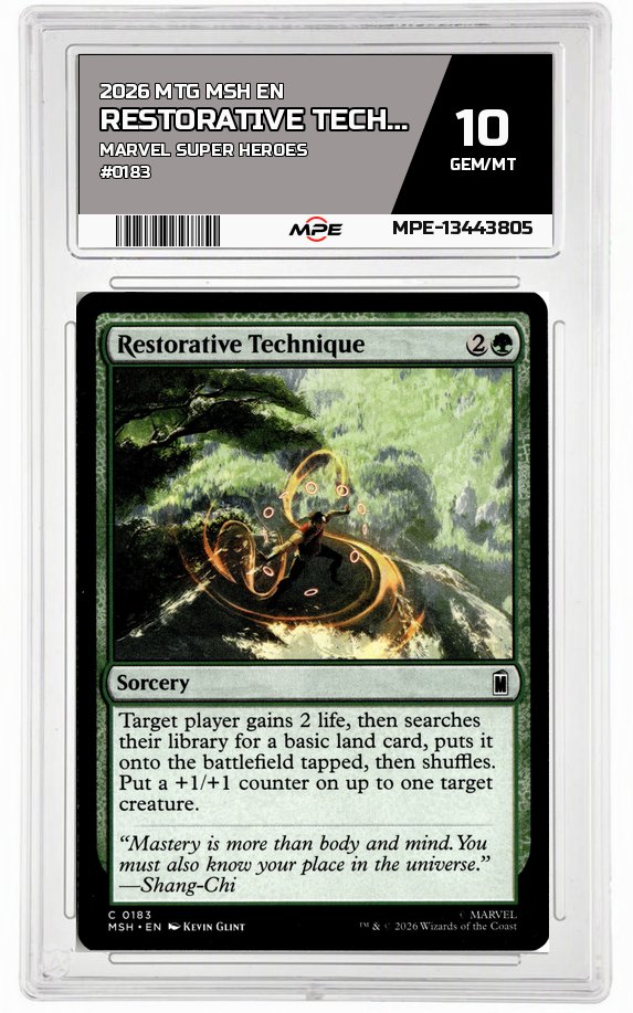 2026 MTG MSH EN Marvel Super Heroes #0183 RESTORATIVE TECHNIQUE MPE 10 GEM/MT — graded card auctioned from the MPE vault