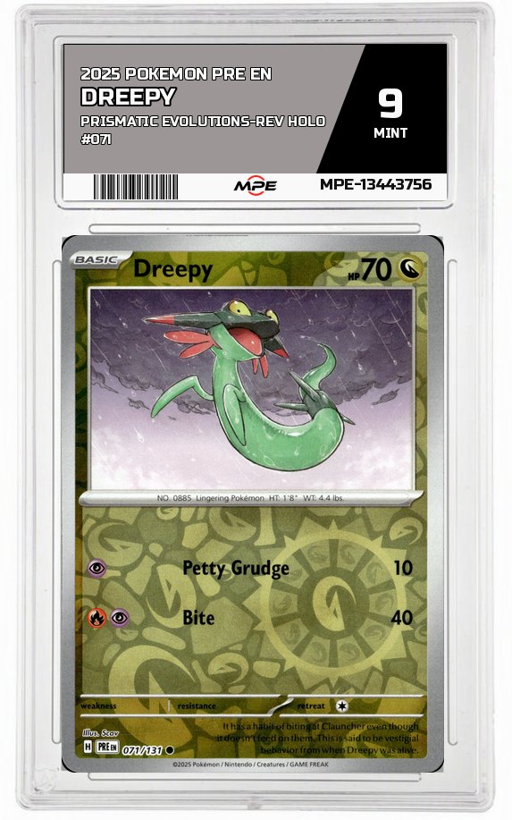 2025 POKEMON PRE EN Prismatic Evolutions-REV HOLO #071 DREEPY MPE 9 MINT — graded card auctioned from the MPE vault