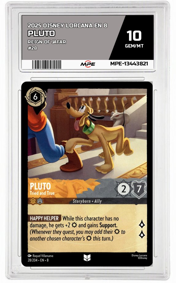 2025 DISNEY LORCANA EN 8 Reign of Jafar #28 PLUTO MPE 10 GEM/MT — graded card auctioned from the MPE vault