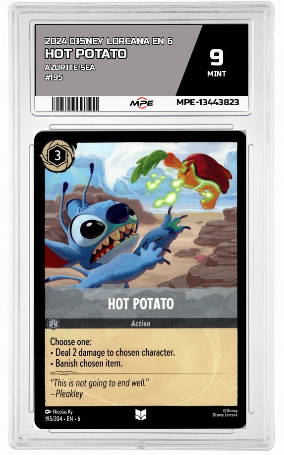 2024 DISNEY LORCANA EN 6 Azurite Sea #195 HOT POTATO MPE 9 MINT — graded card auctioned from the MPE vault