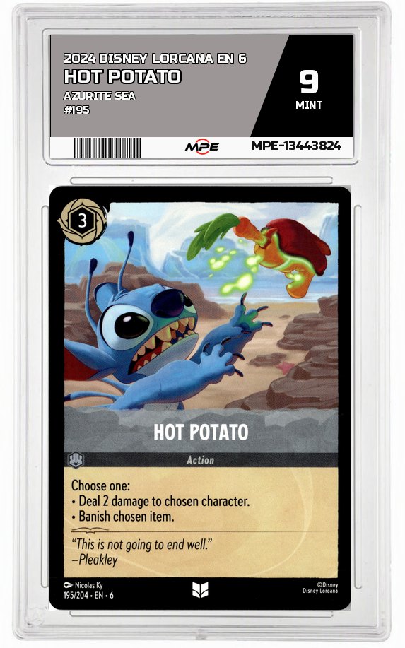 2024 DISNEY LORCANA EN 6 Azurite Sea #195 HOT POTATO MPE 9 MINT — graded card auctioned from the MPE vault