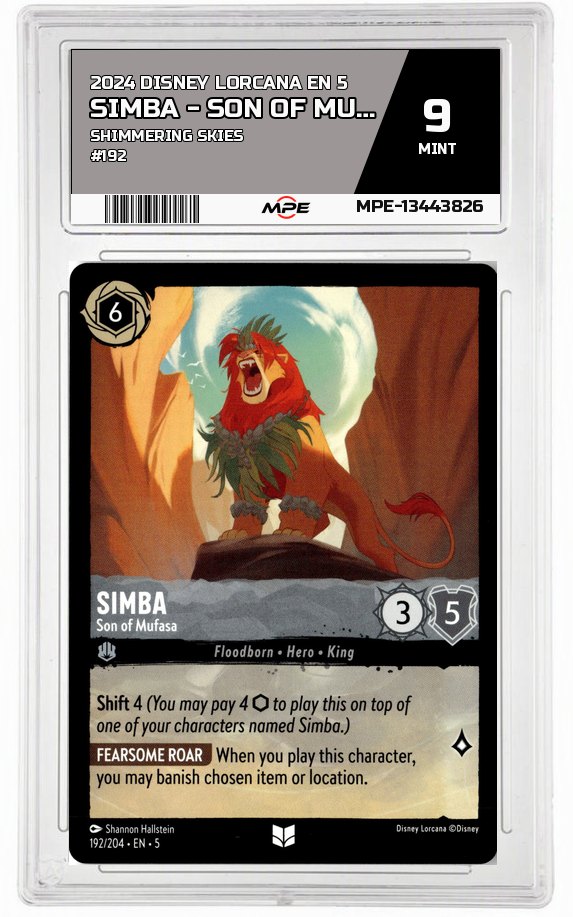 2024 DISNEY LORCANA EN 5 Shimmering Skies #192 SIMBA - SON OF MUFASA MPE 9 MINT — graded card auctioned from the MPE vault