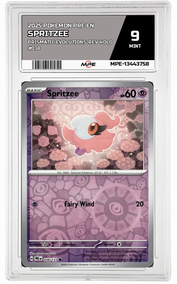 2025 POKEMON PRE EN Prismatic Evolutions-REV HOLO #038 SPRITZEE MPE 9 MINT — graded card auctioned from the MPE vault