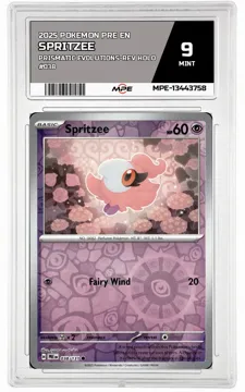 2025 POKEMON PRE EN Prismatic Evolutions-REV HOLO #038 SPRITZEE MPE 9 MINT — graded card up for auction