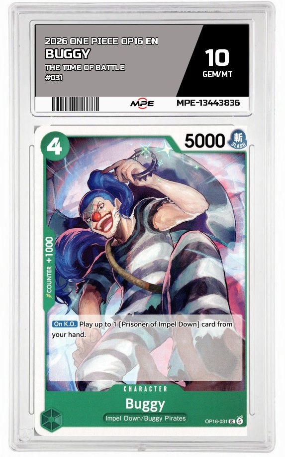 2026 ONE PIECE OP16 EN The Time of Battle #031 BUGGY MPE 10 GEM/MT — graded card auctioned from the MPE vault
