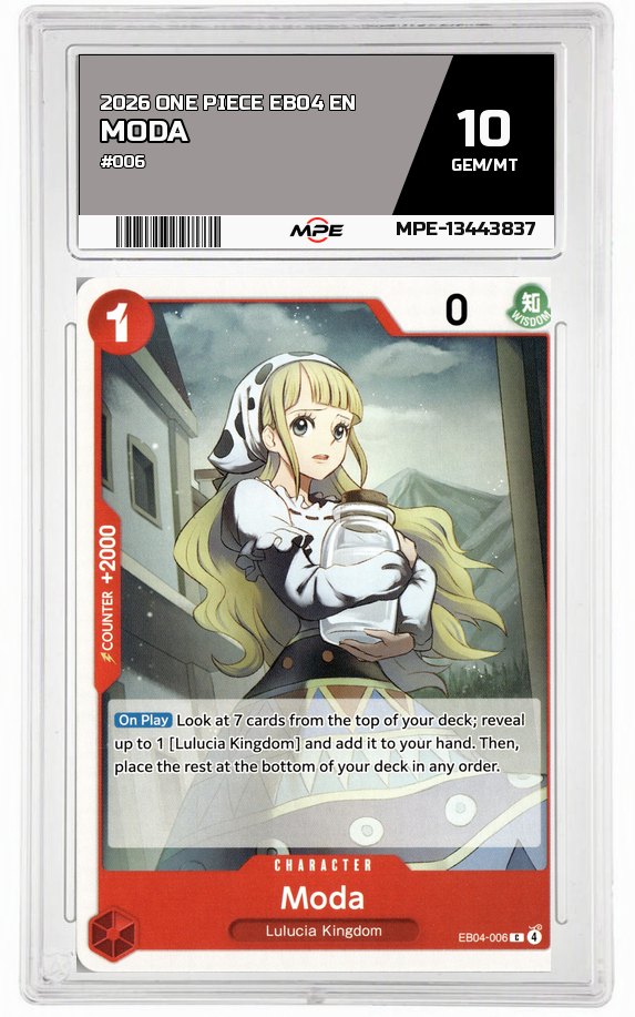2026 ONE PIECE EB04 EN #006 MODA MPE 10 GEM/MT — graded card auctioned from the MPE vault