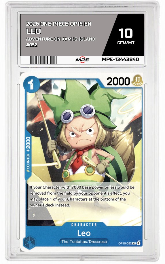 2026 ONE PIECE OP15 EN Adventure on Kami's Island #052 LEO MPE 10 GEM/MT — graded card auctioned from the MPE vault
