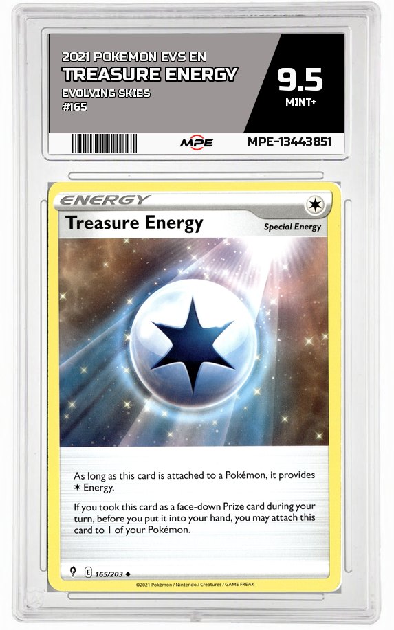 2021 POKEMON EVS EN Evolving Skies #165 TREASURE ENERGY MPE 9.5 MINT+ — graded card auctioned from the MPE vault