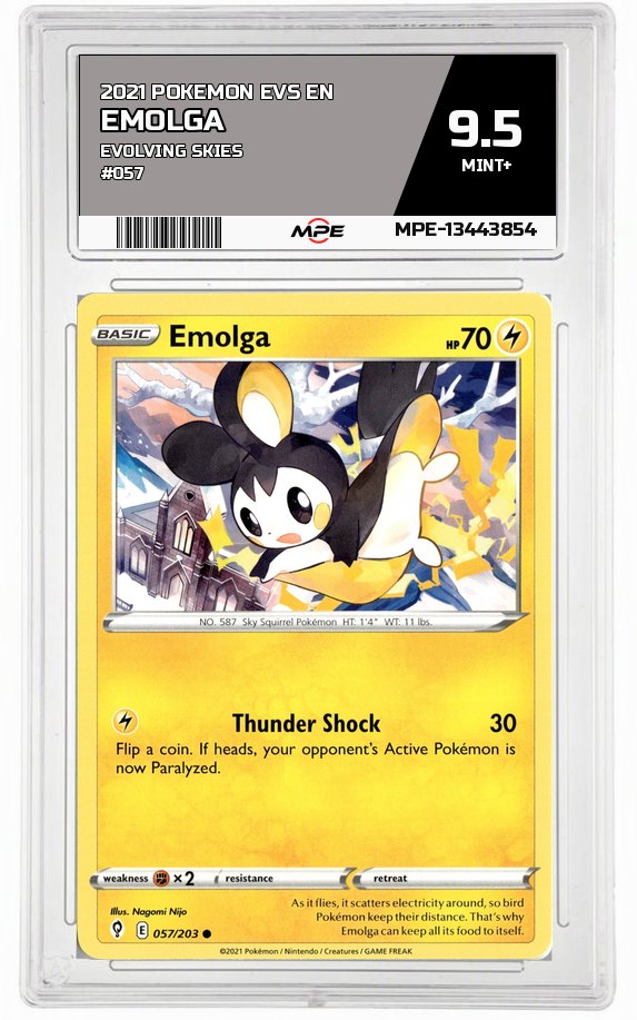 2021 POKEMON EVS EN Evolving Skies #057 EMOLGA MPE 9.5 MINT+ — graded card auctioned from the MPE vault