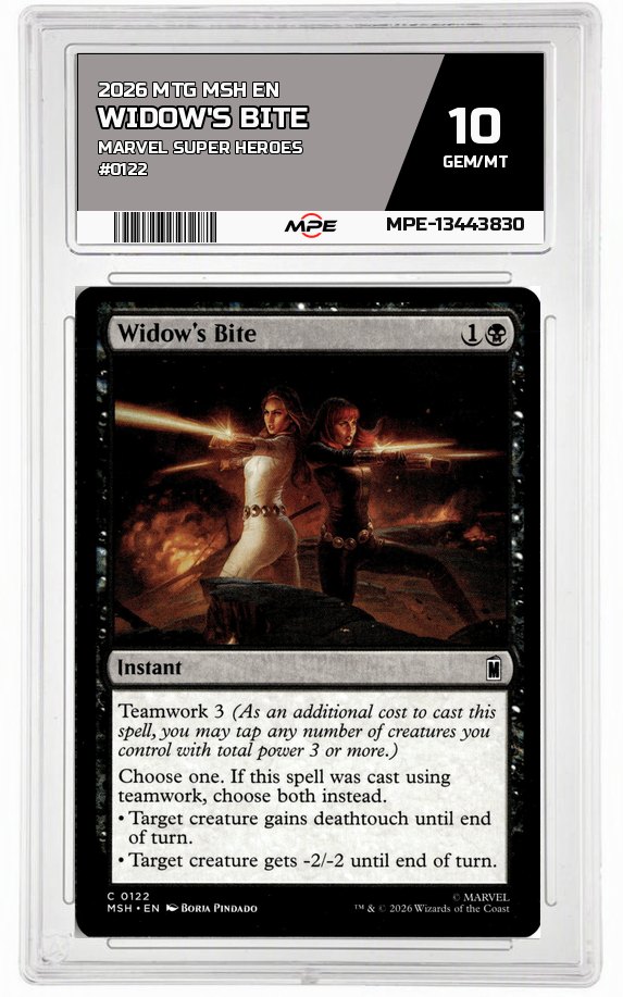 2026 MTG MSH EN Marvel Super Heroes #0122 WIDOW'S BITE MPE 10 GEM/MT — graded card auctioned from the MPE vault