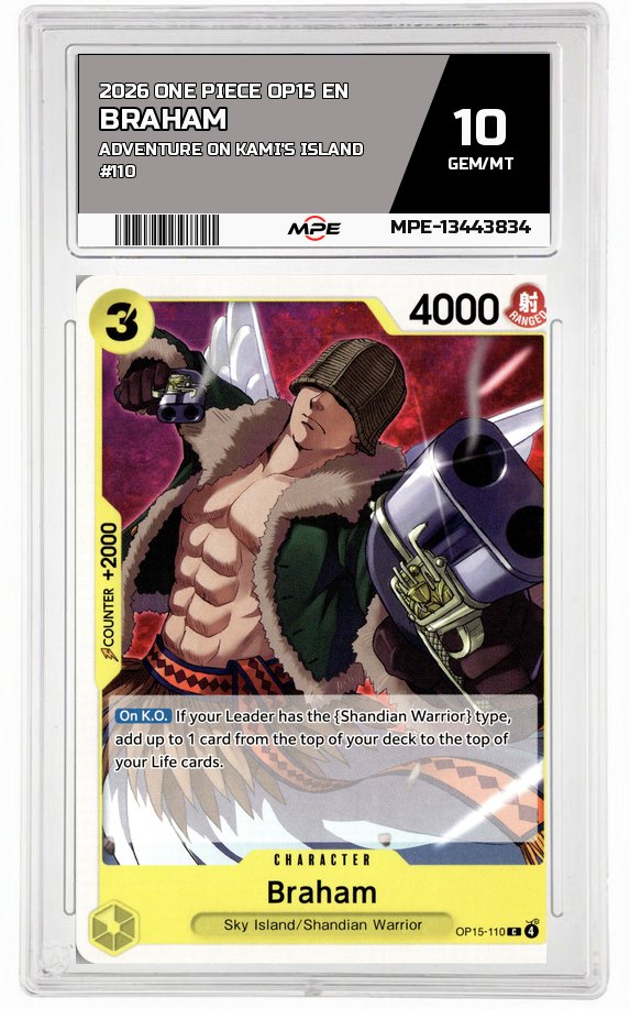 2026 ONE PIECE OP15 EN Adventure on Kami's Island #110 BRAHAM MPE 10 GEM/MT — graded card auctioned from the MPE vault