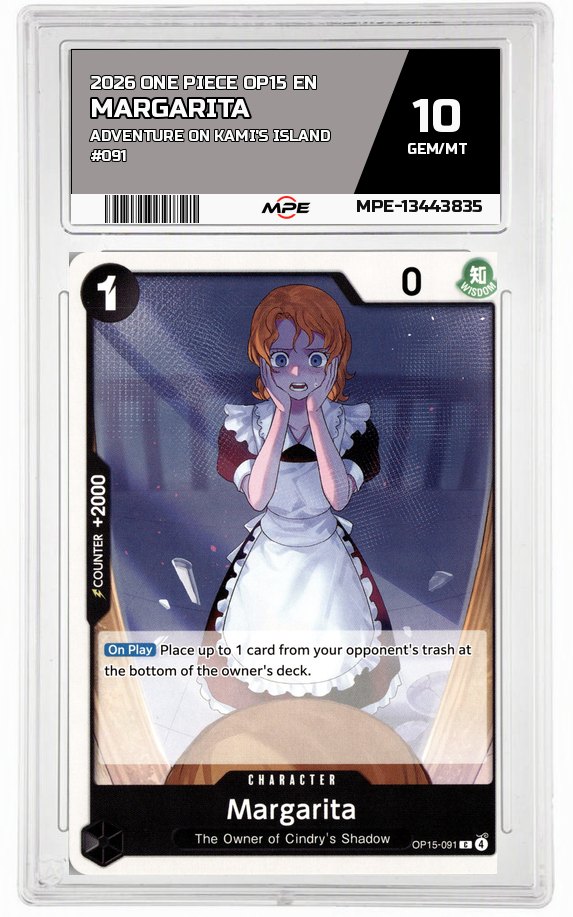 2026 ONE PIECE OP15 EN Adventure on Kami's Island #091 MARGARITA MPE 10 GEM/MT — graded card auctioned from the MPE vault