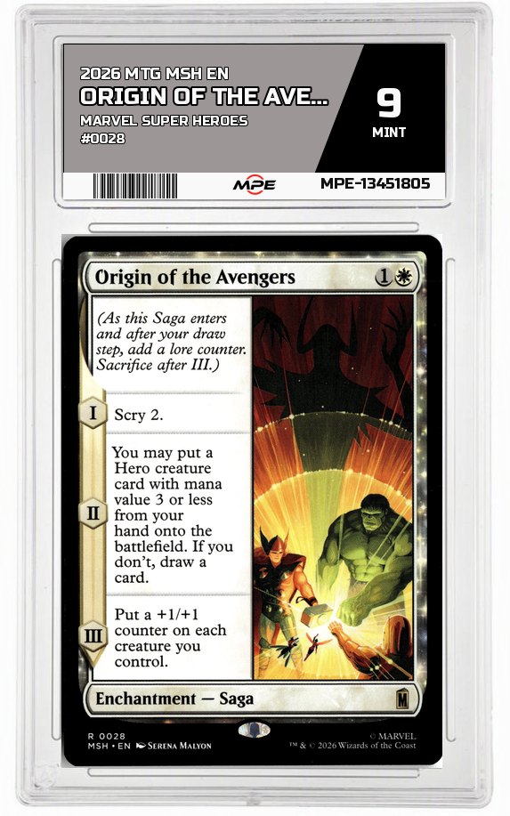 2026 MTG MSH EN Marvel Super Heroes #0028 ORIGIN OF THE AVENGERS MPE 9 MINT — graded card auctioned from the MPE vault