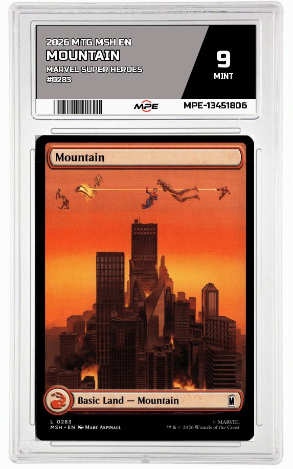 2026 MTG MSH EN Marvel Super Heroes #0283 MOUNTAIN MPE 9 MINT — graded card auctioned from the MPE vault