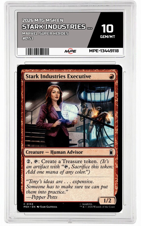 2026 MTG MSH EN Marvel Super Heroes #0153 STARK INDUSTRIES EXECUTIVE MPE 10 GEM/MT — graded card auctioned from the MPE vault