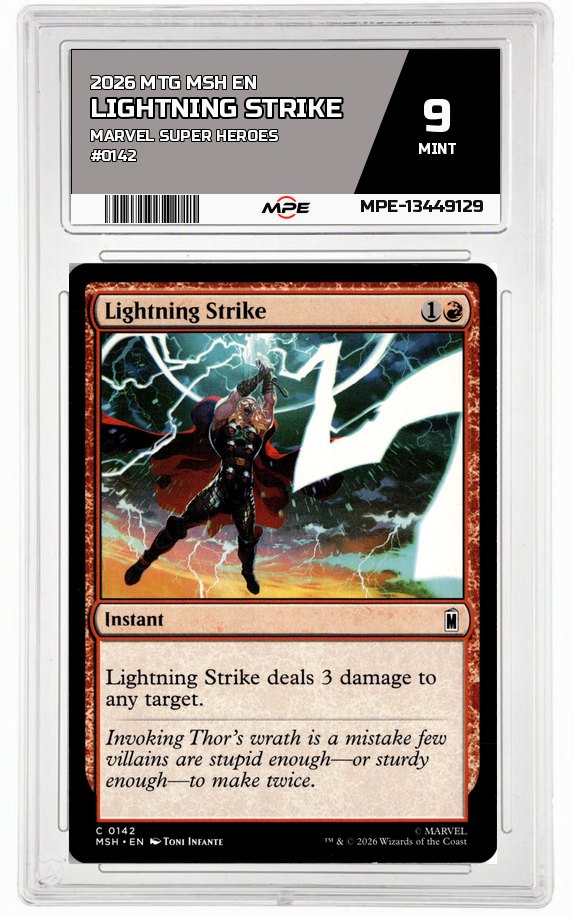 2026 MTG MSH EN Marvel Super Heroes #0142 LIGHTNING STRIKE MPE 9 MINT — graded card auctioned from the MPE vault