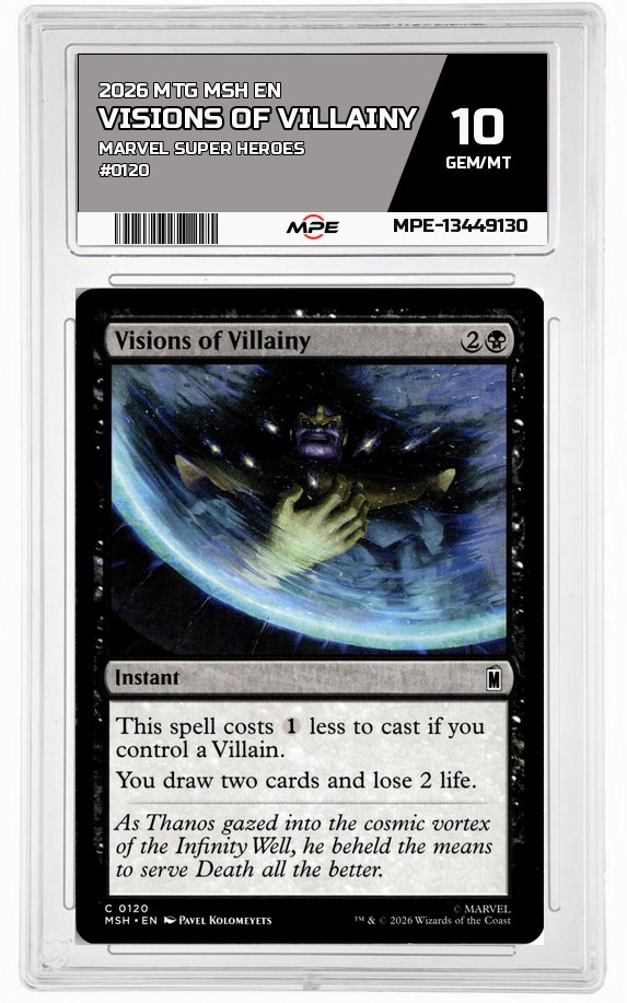 2026 MTG MSH EN Marvel Super Heroes #0120 VISIONS OF VILLAINY MPE 10 GEM/MT — graded card auctioned from the MPE vault