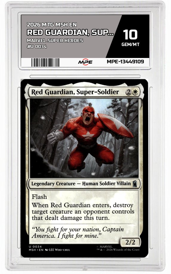 2026 MTG MSH EN Marvel Super Heroes #U 0034 RED GUARDIAN, SUPER-SOLDIER MPE 10 GEM/MT — graded card auctioned from the MPE vault