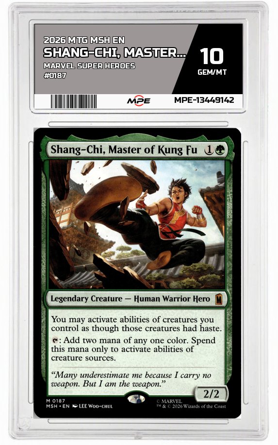 2026 MTG MSH EN Marvel Super Heroes #0187 SHANG-CHI, MASTER OF KUNG FU MPE 10 GEM/MT — graded card auctioned from the MPE vault