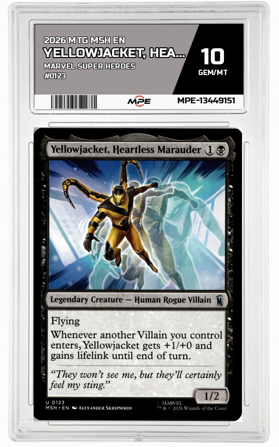 2026 MTG MSH EN Marvel Super Heroes #0123 YELLOWJACKET, HEARTLESS MARAUDER MPE 10 GEM/MT — graded card auctioned from the MPE vault
