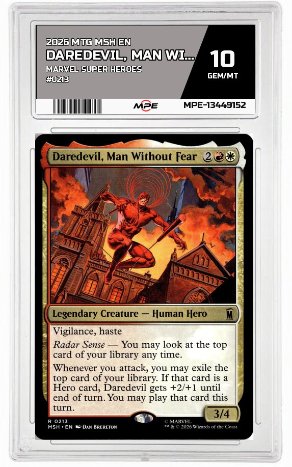 2026 MTG MSH EN Marvel Super Heroes #0213 DAREDEVIL, MAN WITHOUT FEAR MPE 10 GEM/MT — graded card auctioned from the MPE vault