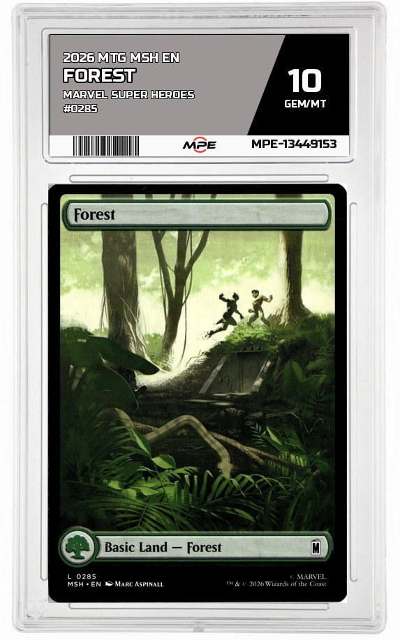 2026 MTG MSH EN Marvel Super Heroes #0285 FOREST MPE 10 GEM/MT — graded card auctioned from the MPE vault