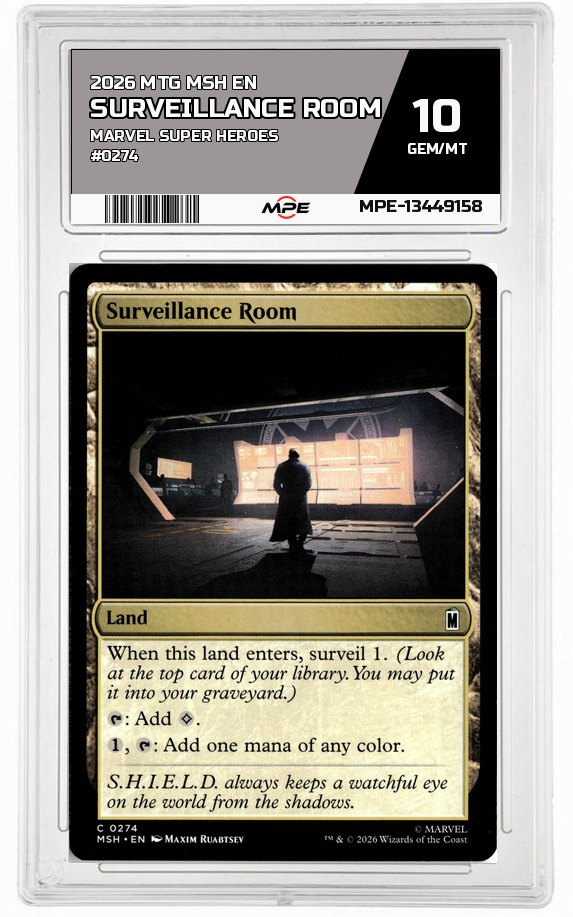 2026 MTG MSH EN Marvel Super Heroes #0274 SURVEILLANCE ROOM MPE 10 GEM/MT — graded card auctioned from the MPE vault