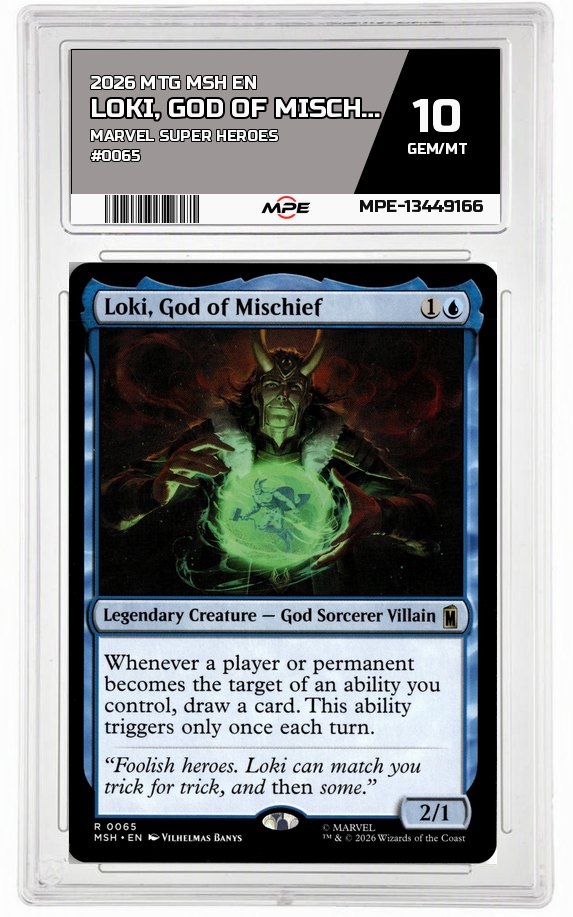 2026 MTG MSH EN Marvel Super Heroes #0065 LOKI, GOD OF MISCHIEF MPE 10 GEM/MT — graded card auctioned from the MPE vault