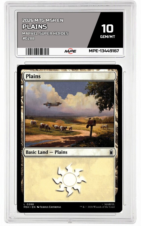 2026 MTG MSH EN Marvel Super Heroes #0288 PLAINS MPE 10 GEM/MT — graded card auctioned from the MPE vault