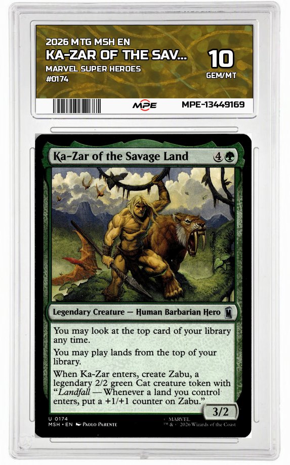 2026 MTG MSH EN Marvel Super Heroes #0174 KA-ZAR OF THE SAVAGE LAND MPE 10 GEM/MT — graded card auctioned from the MPE vault