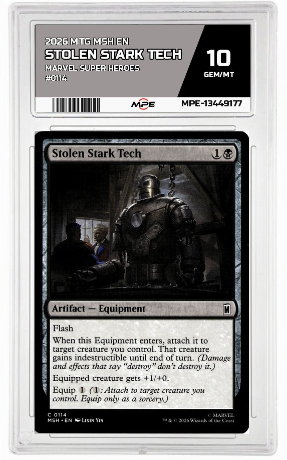 2026 MTG MSH EN Marvel Super Heroes #0114 STOLEN STARK TECH MPE 10 GEM/MT — graded card auctioned from the MPE vault