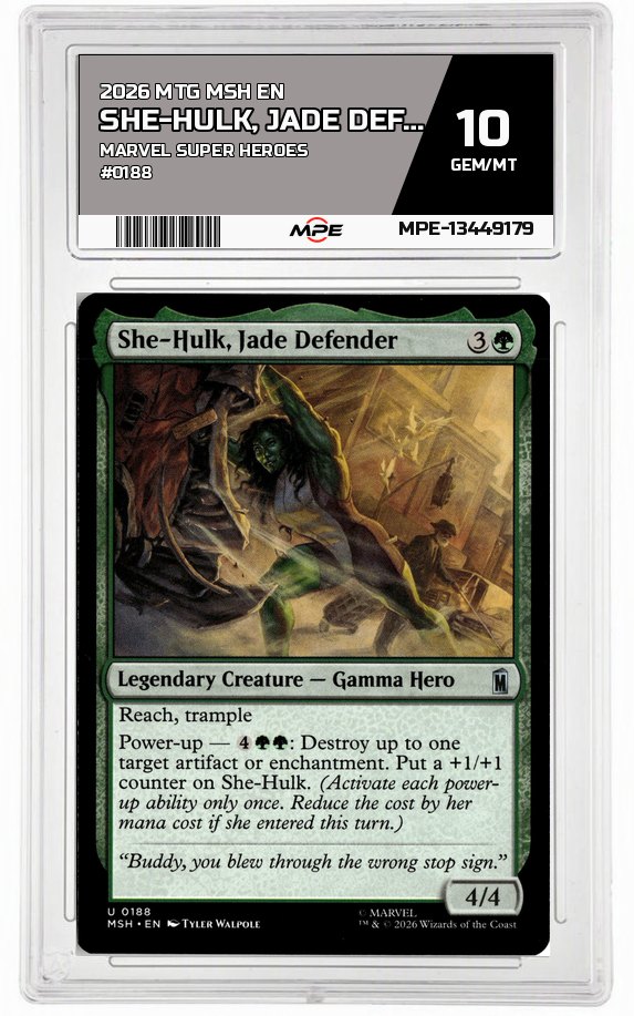 2026 MTG MSH EN Marvel Super Heroes #0188 SHE-HULK, JADE DEFENDER MPE 10 GEM/MT — graded card auctioned from the MPE vault