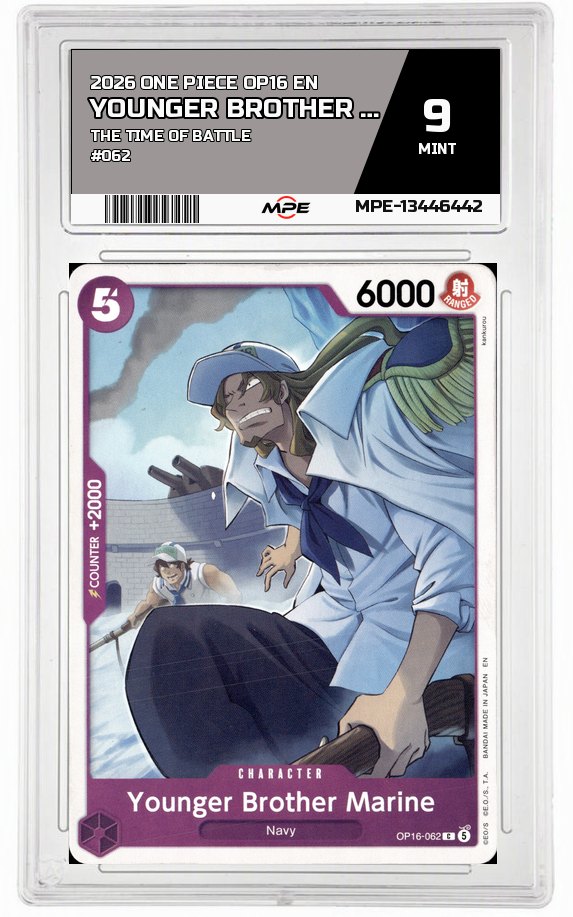 2026 ONE PIECE OP16 EN The Time of Battle #062 YOUNGER BROTHER MARINE MPE 9 MINT — graded card auctioned from the MPE vault