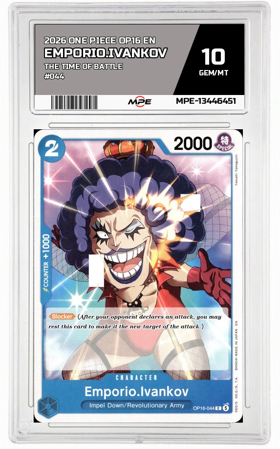 2026 ONE PIECE OP16 EN The Time of Battle #044 EMPORIO.IVANKOV MPE 10 GEM/MT — graded card auctioned from the MPE vault