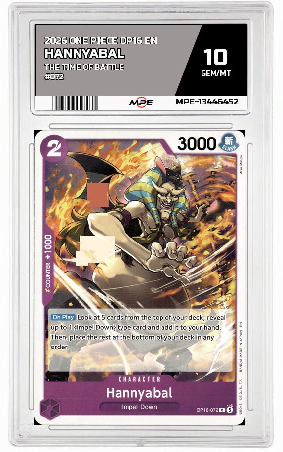 2026 ONE PIECE OP16 EN The Time of Battle #072 HANNYABAL MPE 10 GEM/MT — graded card auctioned from the MPE vault