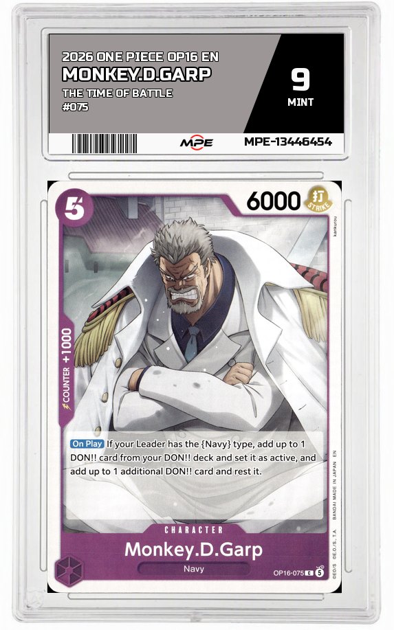 2026 ONE PIECE OP16 EN The Time of Battle #075 MONKEY.D.GARP MPE 9 MINT — graded card auctioned from the MPE vault