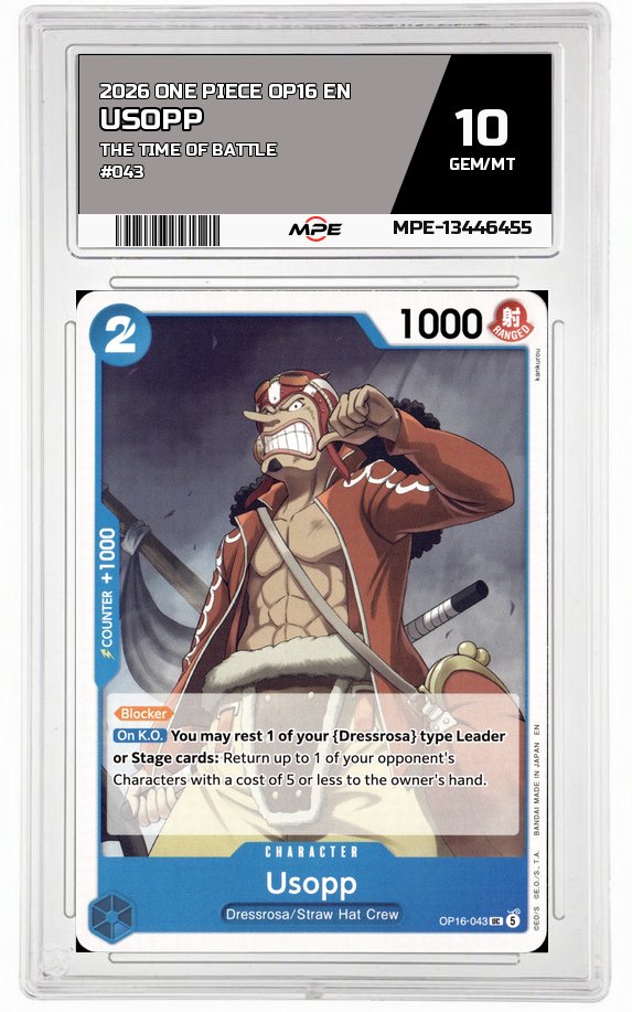 2026 ONE PIECE OP16 EN The Time of Battle #043 USOPP MPE 10 GEM/MT — graded card auctioned from the MPE vault