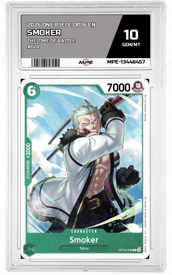 2026 ONE PIECE OP16 EN The Time of Battle #028 SMOKER MPE 10 GEM/MT — graded card auctioned from the MPE vault