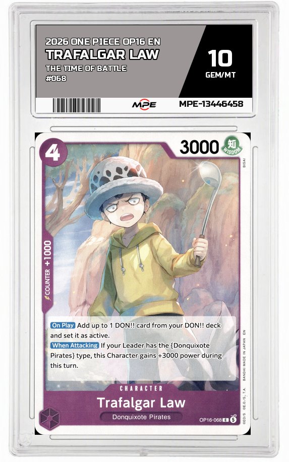 2026 ONE PIECE OP16 EN The Time of Battle #068 TRAFALGAR LAW MPE 10 GEM/MT — graded card auctioned from the MPE vault