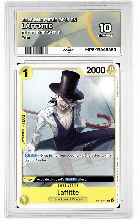 2026 ONE PIECE OP16 EN The Time of Battle #114 LAFFITTE MPE 10 GEM/MT — graded card auctioned from the MPE vault