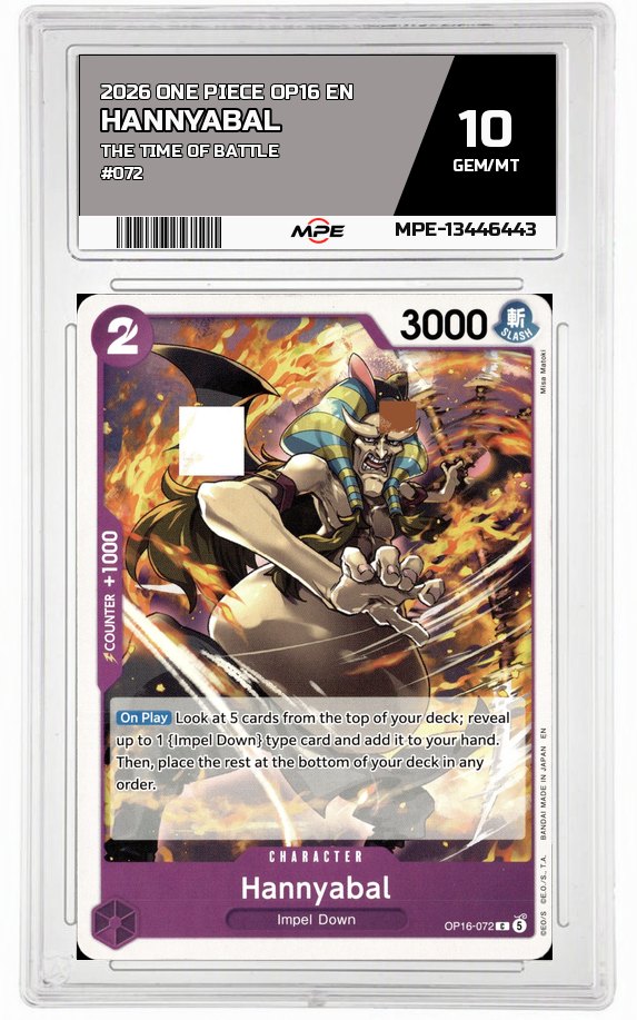 2026 ONE PIECE OP16 EN The Time of Battle #072 HANNYABAL MPE 10 GEM/MT — graded card auctioned from the MPE vault