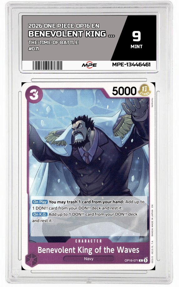 2026 ONE PIECE OP16 EN The Time of Battle #071 BENEVOLENT KING OF THE WAVES MPE 9 MINT — graded card auctioned from the MPE vault