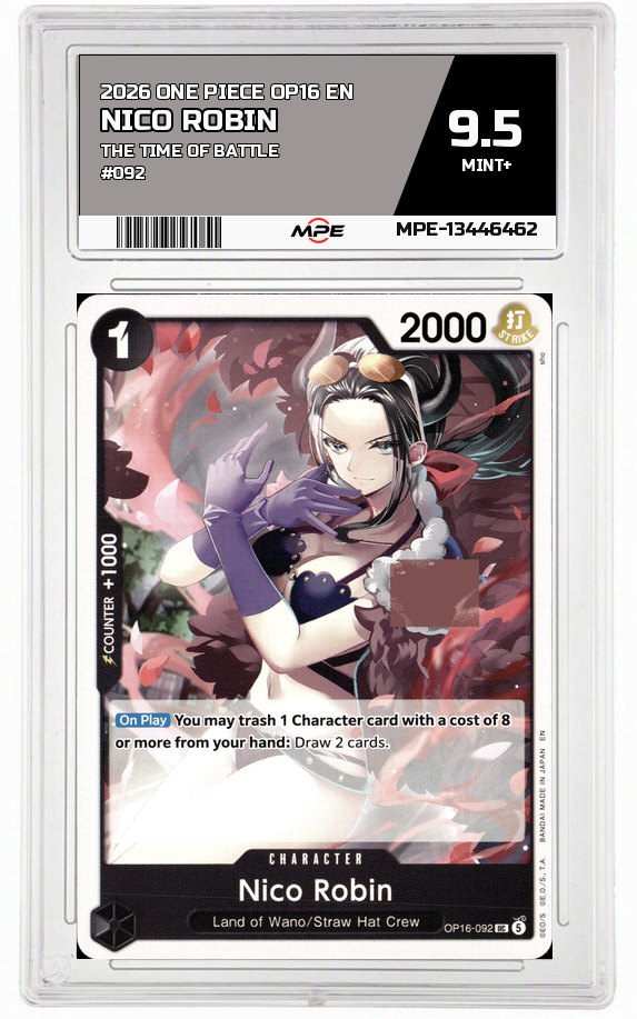 2026 ONE PIECE OP16 EN The Time of Battle #092 NICO ROBIN MPE 9.5 MINT+ — graded card auctioned from the MPE vault